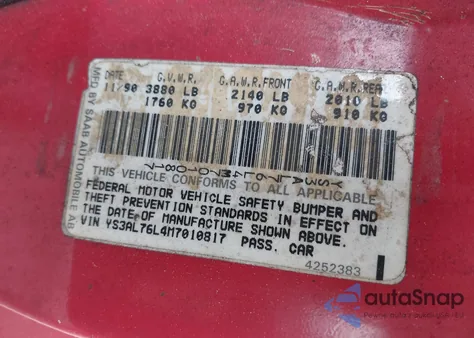 1991 Saab 900 Se из США, поврежденный, VIN YS3AL76L4M7010817